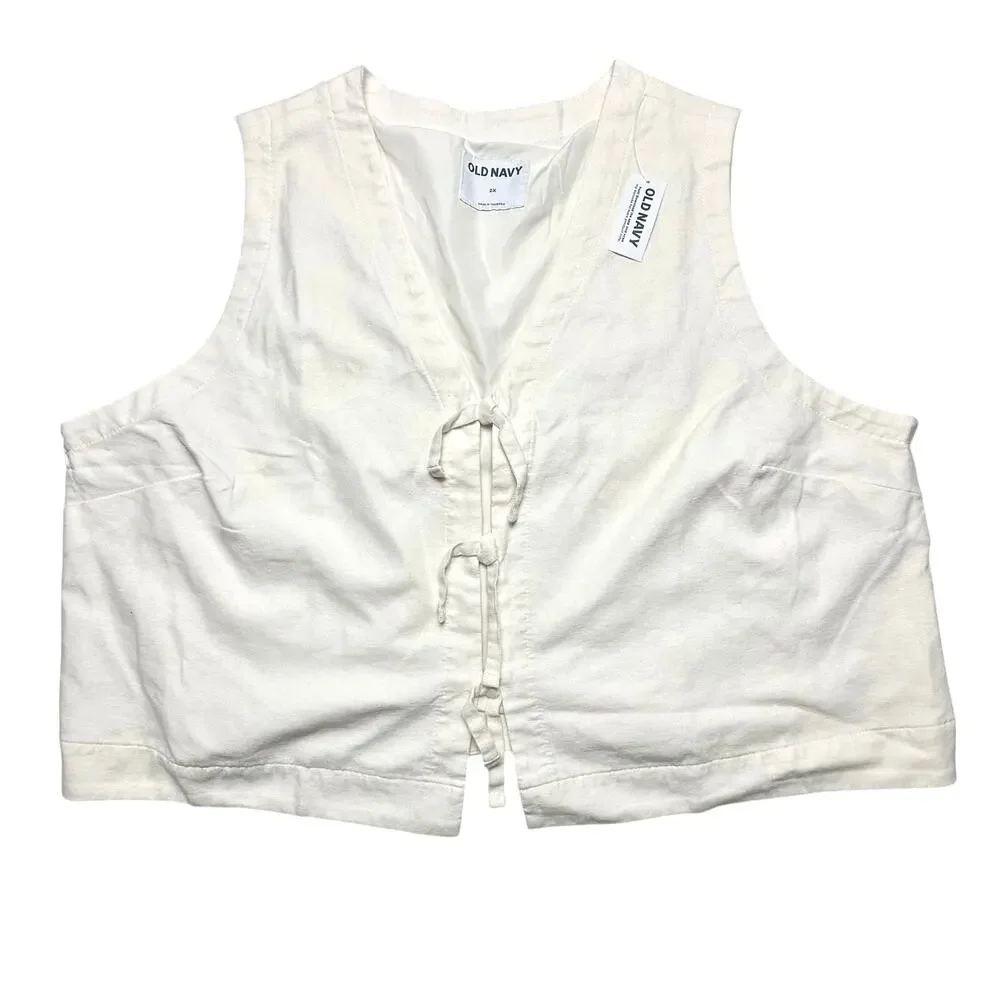 Old Navy | Women | Ivory White Linen Blend Tie Front V-Neck Sleeveless Vest | 2X